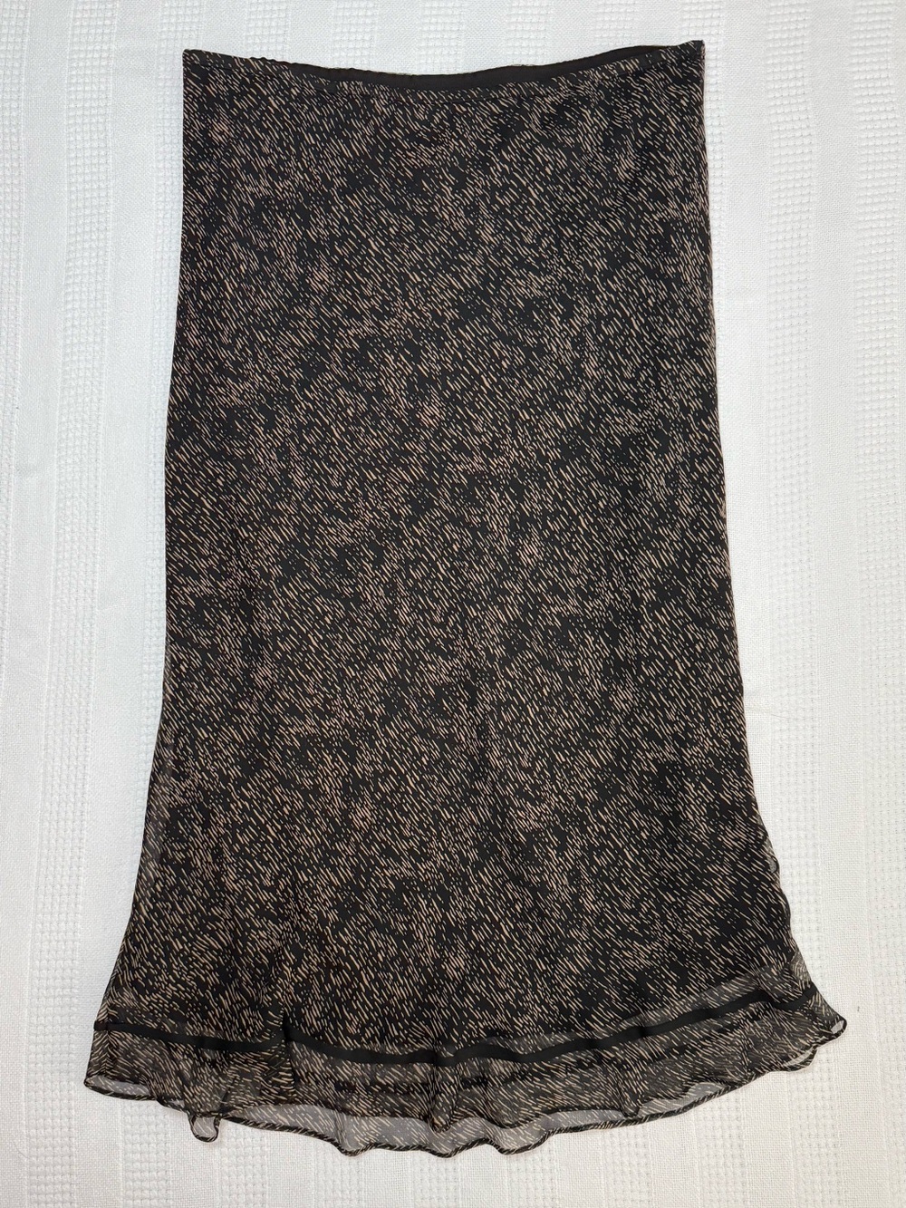Allison Taylor Black and Tan 100% Silk Slip Midi Column Skirt with Ruffle Edge